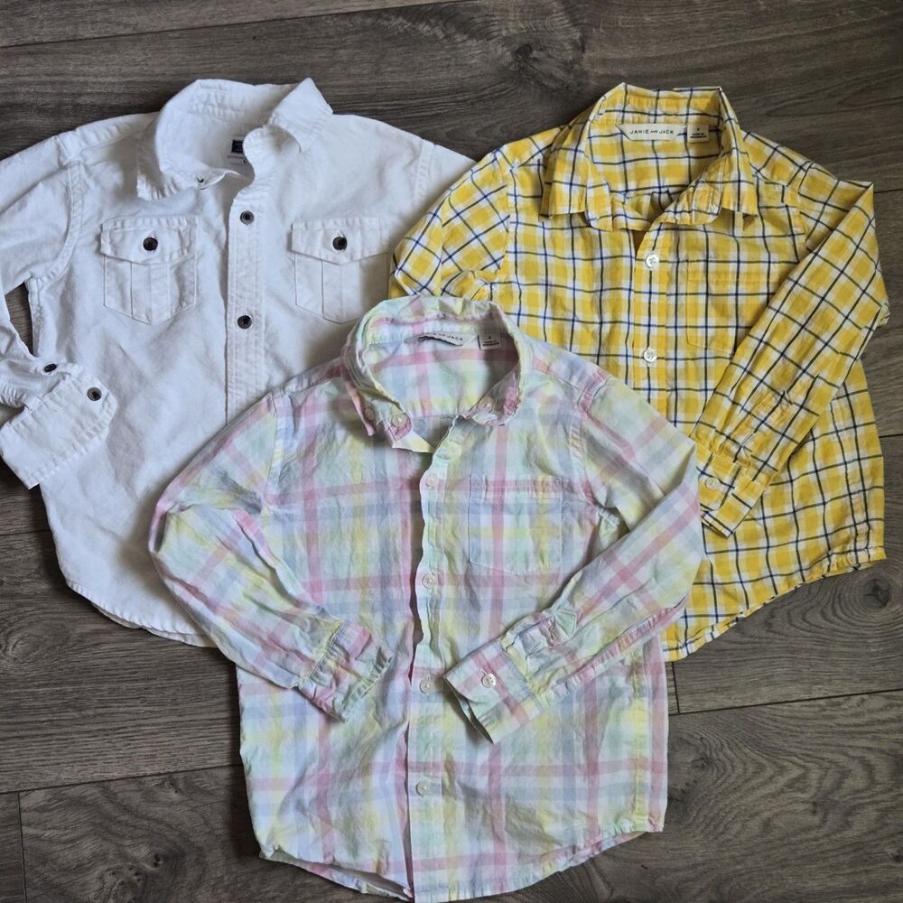 ​Janie and Jack Boys 3T Button Down Shirt Lot 3 White Plaid Pastel Easter Check